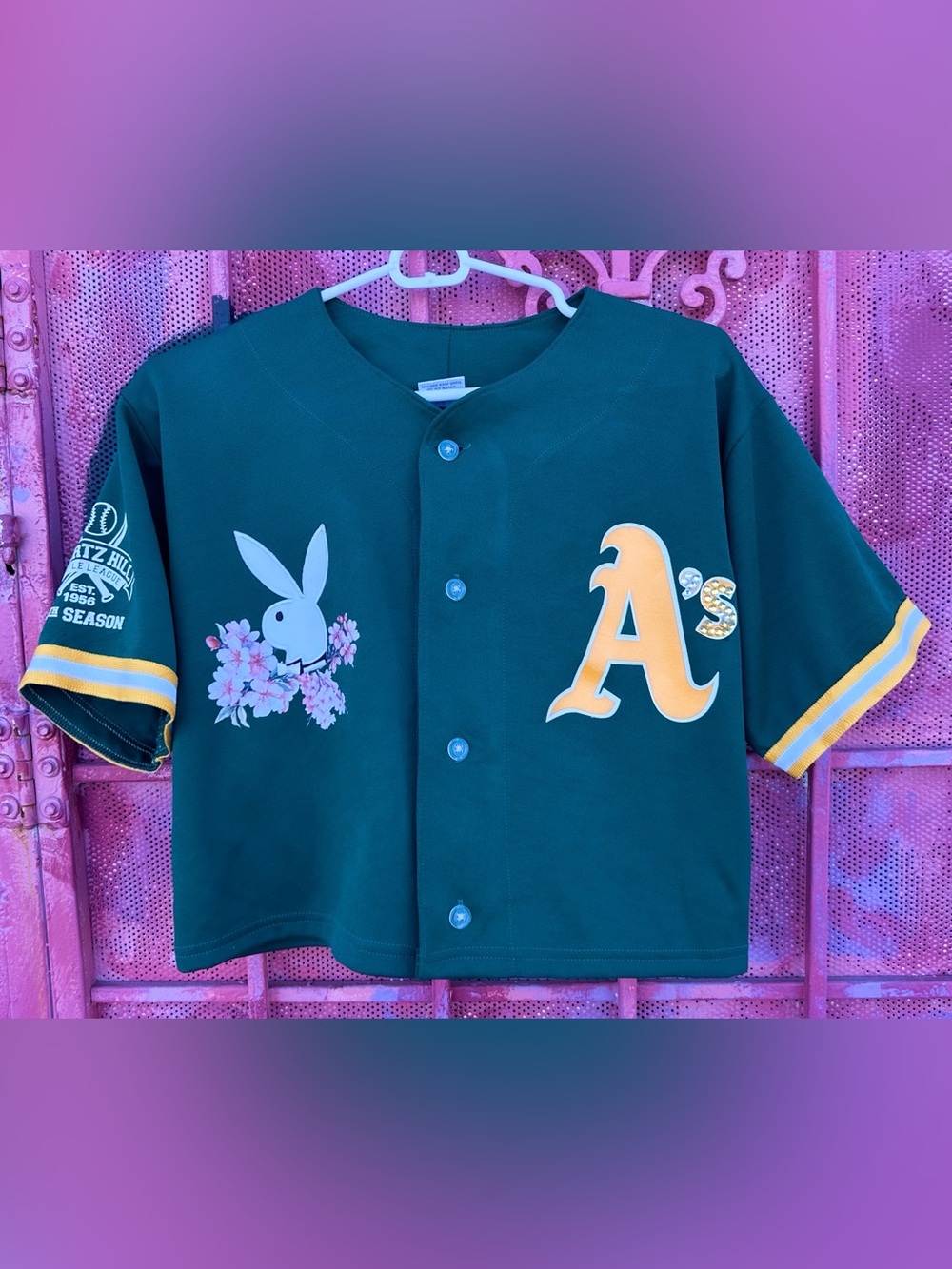 PLAYBOY A’S #4 Vintage Crop Top Baseball Jersey w/ Cherry Blossom print